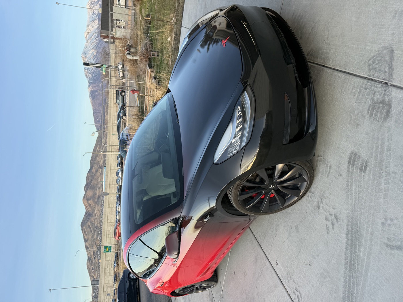 Two-tone black and red Tesla Model 3 wrap — Summit Wraps Utah
